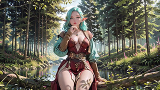 Forest Fantasy! Green-haired Mage & Blue Elf in a Private Walk, Kneeling under dappled sunlight with teasing wands.