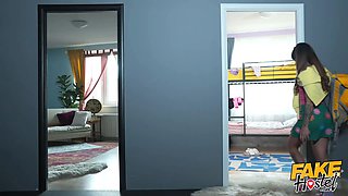 Fake hostel - brazilian teenage with small bum catches old guy masturbation
