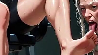 Elderly Granny Worshipping Muscular Domme Feet in Gym
