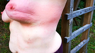 Hard Tit Slapping on the Ladder in the Woods