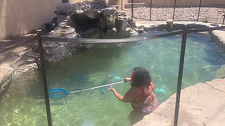 BBW Cleaning Her Pool