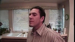 Cute flexible blonde does a split while big cock pounds her ass in the kitchen