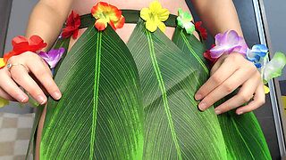 My Stepsister Performs Hawaiian Dance in a Green Hawaiian Cosplay Costume Then Masturbates and Shows What's Under