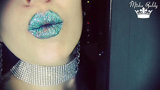 Blue glittery lips smelling & worship