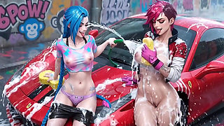 Jinx and Vi Washing the Red Ferrari Wet and Soapy