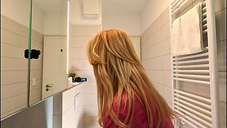 Cute Beautiful and Hot All Natural Big Tits Big Ass Blonde College Slut Masturbates with a Small Massager Using Under Her Skirt