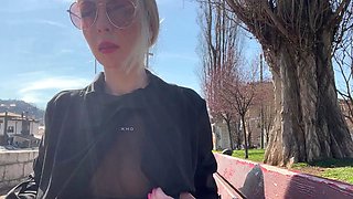 Public city walk in see-through top. Flashing tits to for