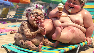Elderly Granny Passionately Sucking BBW Feet on the Beach