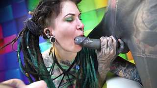 TATTOO threesome girls gape asses for tattooed dick
