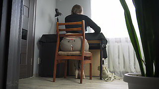 Peeking at Secretary Working in Ripped Pants