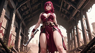 Redhead Warrior in Ruins! Forbidden Encounter in the Industrial Wasteland, her tight combat suit soaked and hazy eyes.