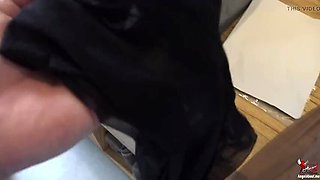 Lucky Delivery Man Gets Blowjob and Footjob From Angel in Pantyhose and High Heels
