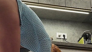 Sexy and Hot All Natural Big Tits Housewife in a Cardigan Blouse Flashes Her Pussy and Naked Ass Does a Striptease