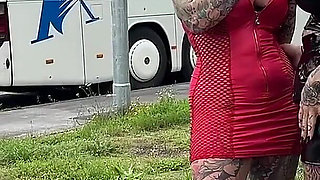 Two Horny Leather Tattoo Sluts Fuck Truck Driver at the Rest Area!