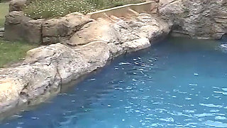 Sultry Brunette Babe's Wild Poolside Threesome Adventure