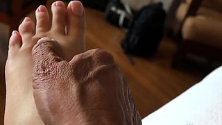 Sweet petite Leana Lovings pussy play, footjob and blowjob