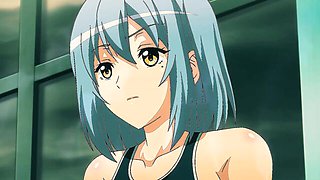 Four anime girls in black one-piece swimsuits on teal indoor pool deck