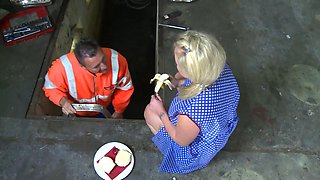Busty Blonde Blows Car Mechanic with Big Cock on Ride to Mouth Cumshot